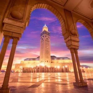 The Hassan II Mosque at sunset in Casablanca, Morocco. Hassan II
