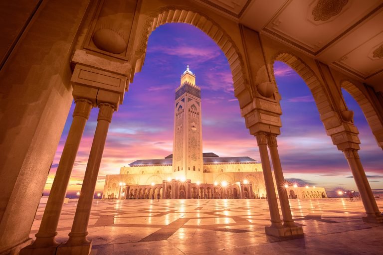 The Hassan II Mosque at sunset in Casablanca, Morocco. Hassan II